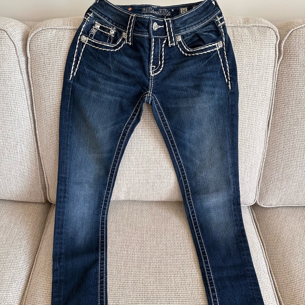 Miss Me Dark Blue Skinny Jeans with White Stitching and Rhinestones